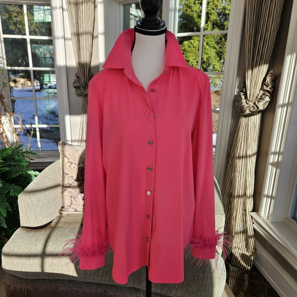 Gorgeous NWOT Jude Connally Randi Shirt with Pink Feather Cuffs Sz L
